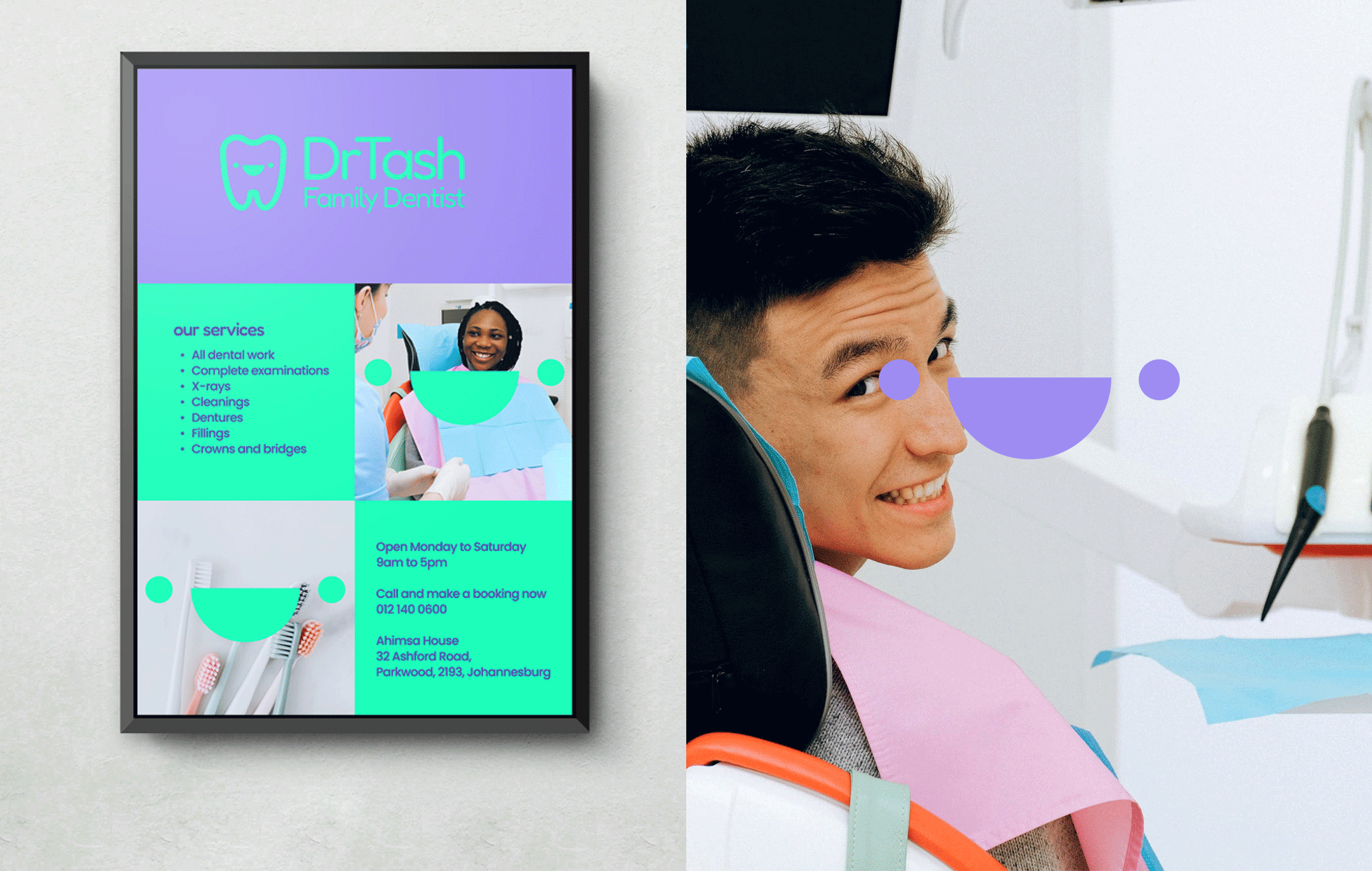 Split image: Left Poster Design for Dentist Practice Right: Brand image with Smile Symbol Overlayed designed by Can O' Baked Beans 2022