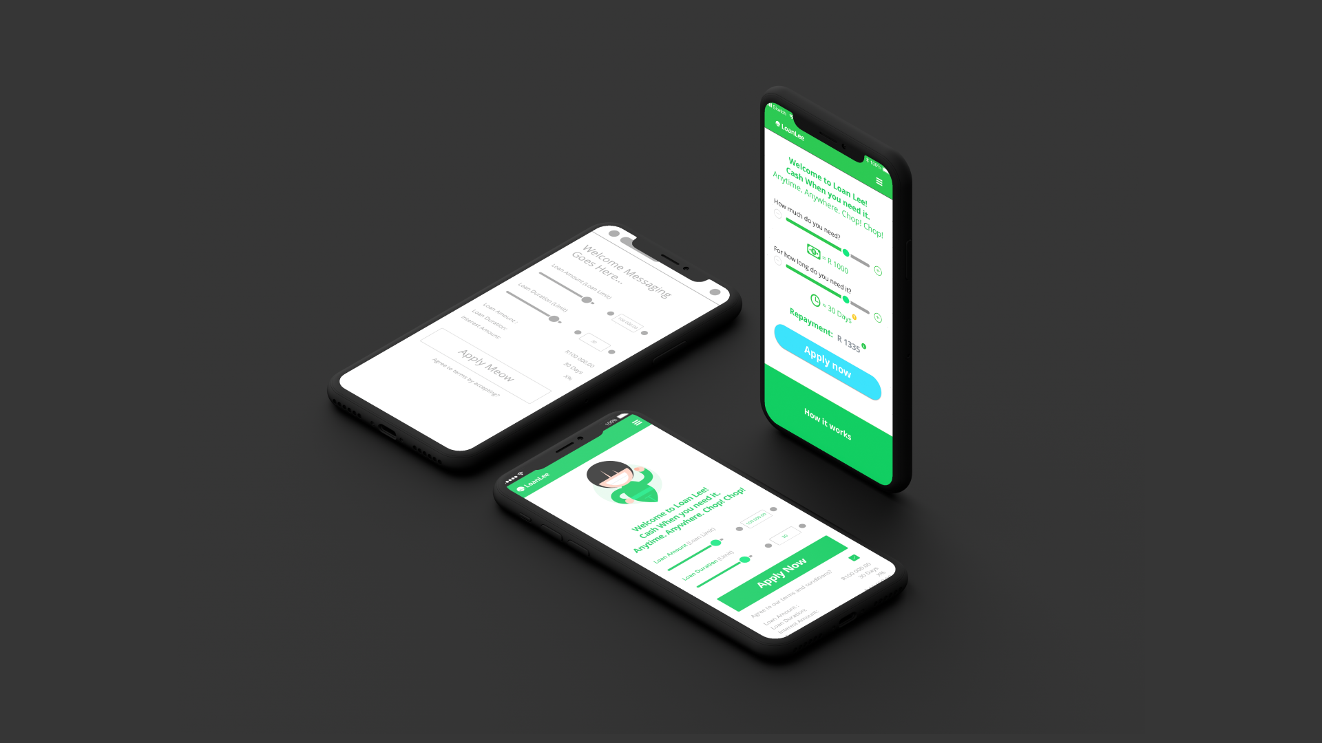 Cover image forLoan Lee Progresseive Web App Design and Development project.  Showing smart device mockups displaying Loan Lee UI.