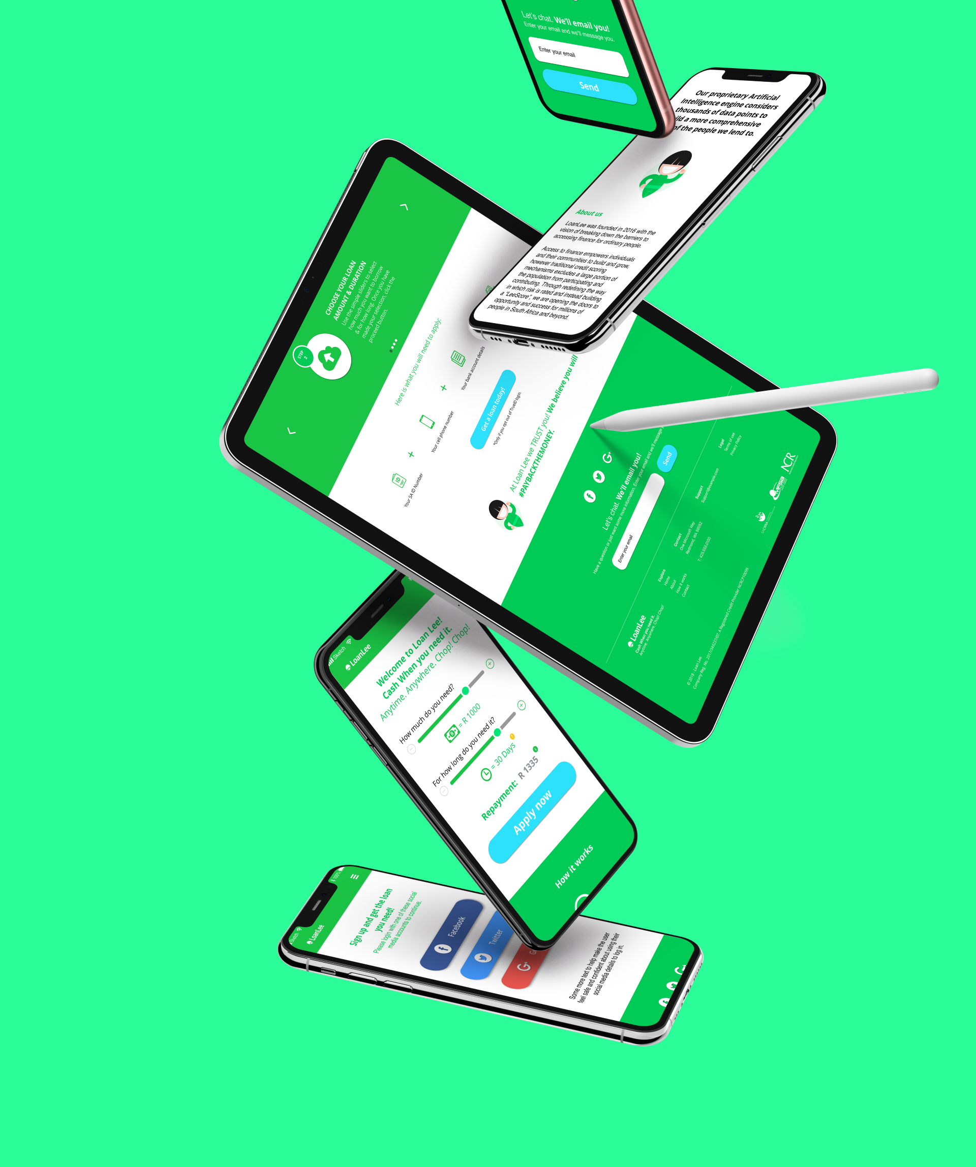 Responsive Progressive Web App design on multiple apple devices on a Loan Lee Green background designed by Can O' Baked Beans 