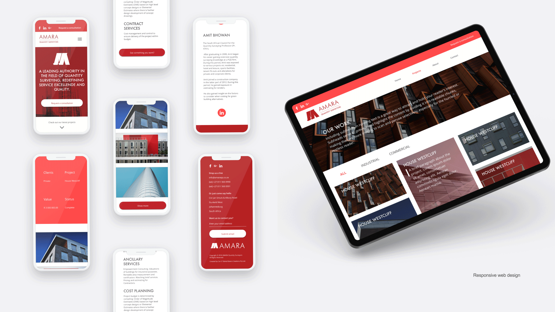 Apple Ipad Pro and iPhones Displaying Amara Quantity Surveyors Responsive Project and About Page designed by Can O' Baked Beans 2017