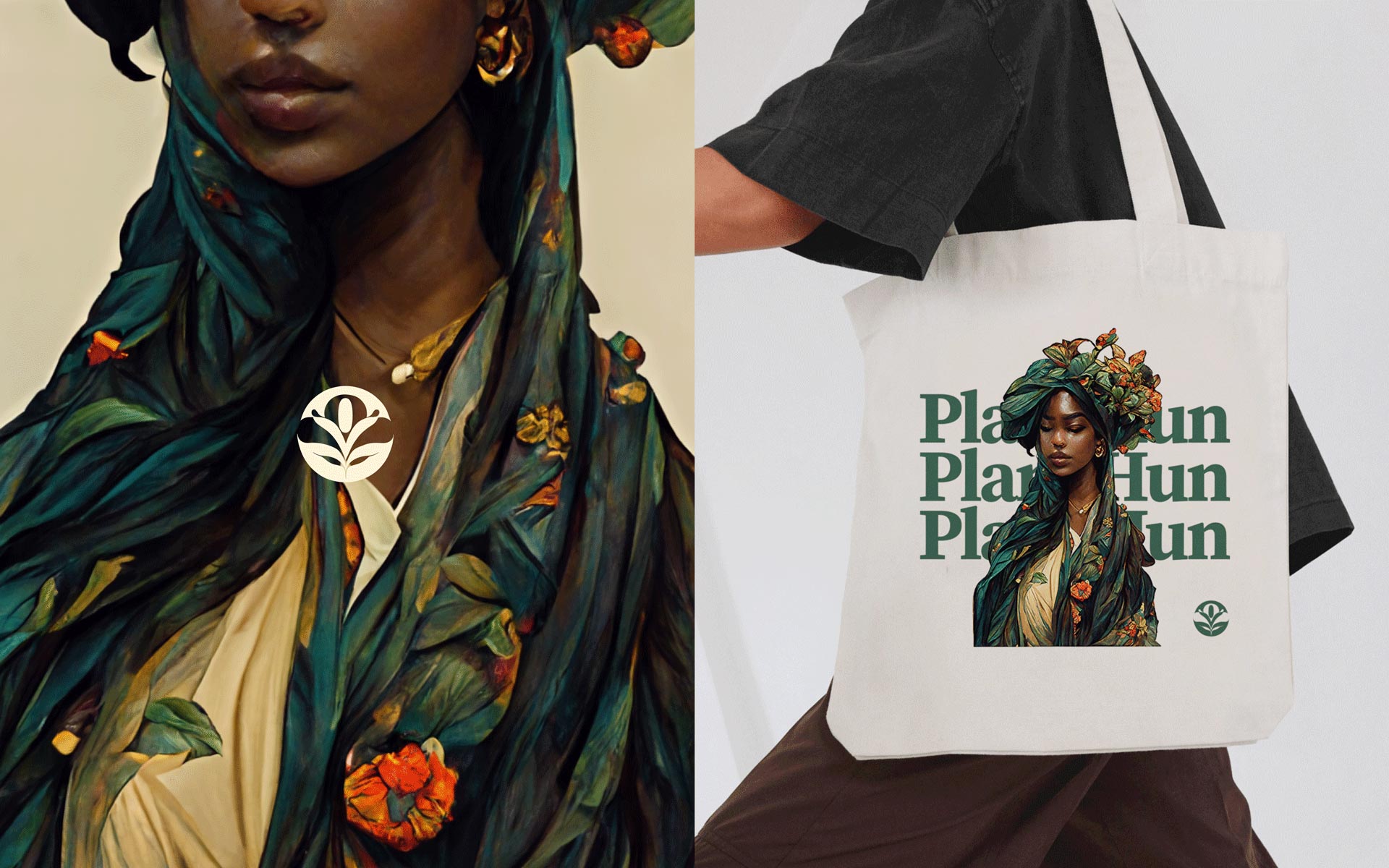 Split image: Left Botanical Art by Mother of Plants. Right - Botanical Art "Plant Hun" Tote bag designed by Can O' Baked Beans 2023