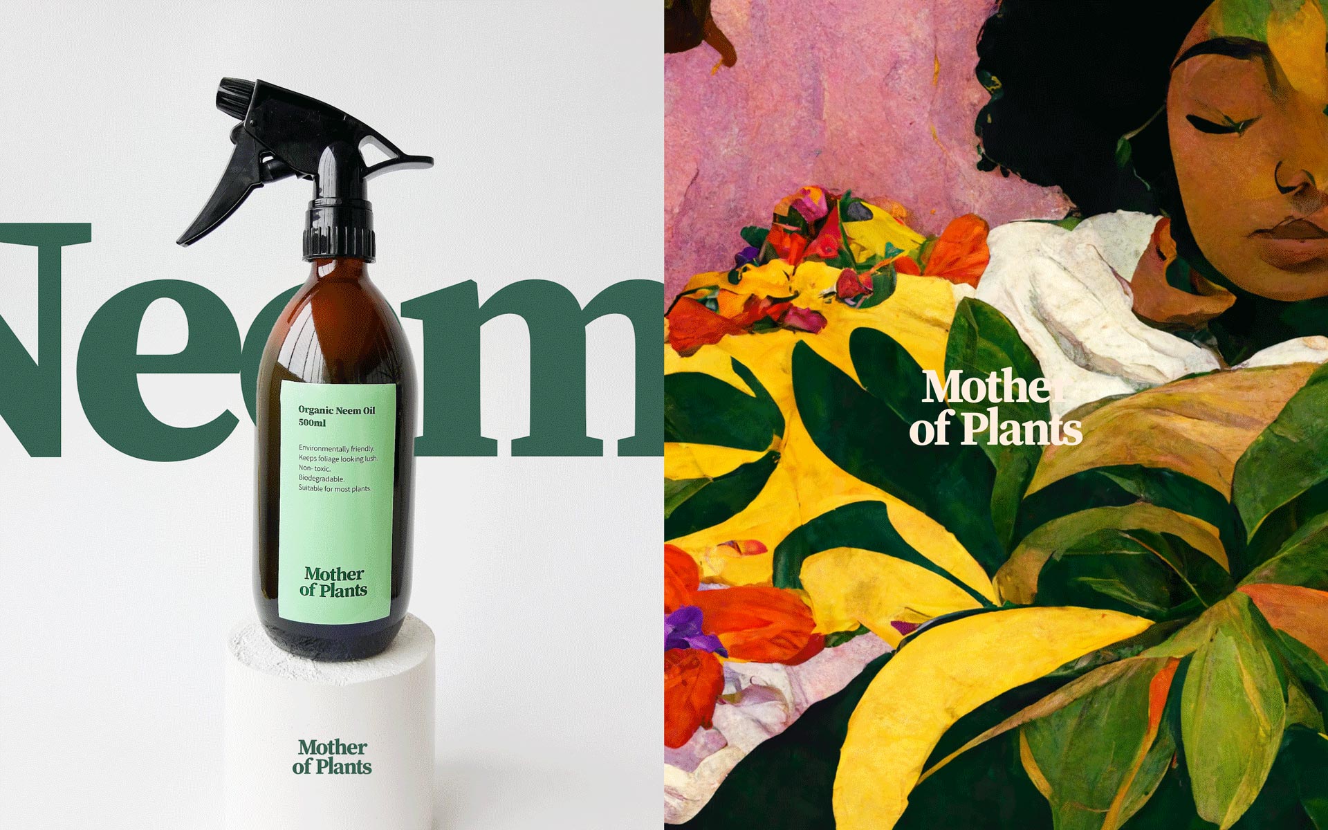 Split image: Left - Neem Oil Packaging design for Mother of Plants designed by Can O' Baked Beans 2020 Right - Botanical Art for Mother of Plants designed by Can O' Baked Beans 2023